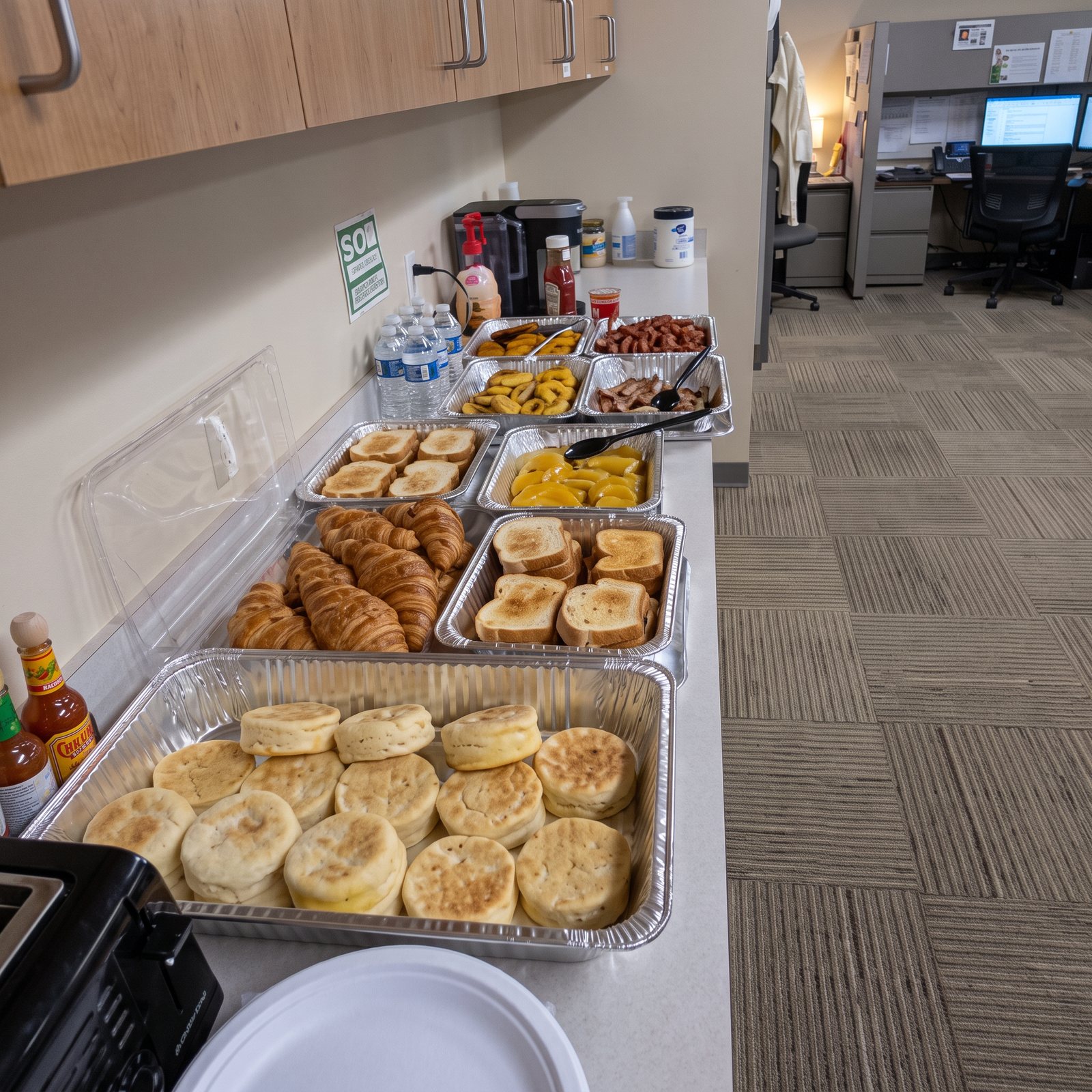 Breakfast catering spread of pastries and biscuits in an office