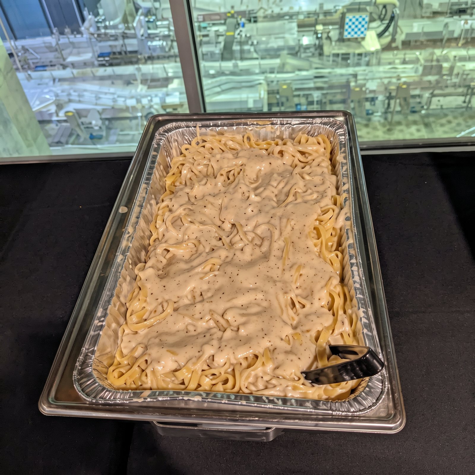 Pan of creamy baked pasta ready for service